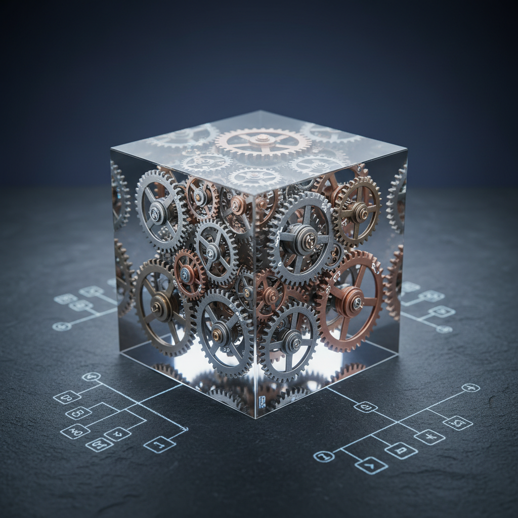 A polished transparent acrylic cube filled with interlocking metallic gears of various sizes, each gear engraved with tiny abstract symbols for logic, emotion, and strategy. The cube rests on a dark charcoal stone surface, surrounded by faintly visible chalk diagrams of decision trees and probability branches. Cool, diffused studio lighting from above creates crisp reflections along the cube’s edges and soft shadows beneath the gears, emphasizing their complexity. The background fades into a smooth gradient from deep navy to soft gray. Photographic realism, captured from a slightly elevated angle with sharp focus on the cube and a subtle vignette, establishing a sophisticated, analytical mood that symbolizes the underlying mechanics of human behavior and thinking models.