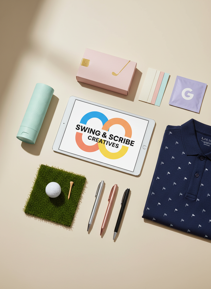 A playful flat lay of a creative workspace featuring a glossy white tablet displaying a bold, colorful brand concept, surrounded by neatly arranged packaging mockups in pastel hues, textured paper swatches, and sleek pens with metallic accents. A precisely folded polo shirt with a subtle golf-inspired pattern rests beside a minimalist golf ball and tee set on a small patch of perfectly trimmed synthetic green turf. Soft natural daylight from the left creates gentle highlights and crisp, inviting shadows, while the background remains a smooth, light neutral surface. Photographic realism, shot from a perfectly overhead bird’s-eye view with sharp focus throughout, conveying a dynamic yet organized atmosphere ideal for cross-domain creative services in copywriting, graphic, and packaging design with a stylish sports twist.
