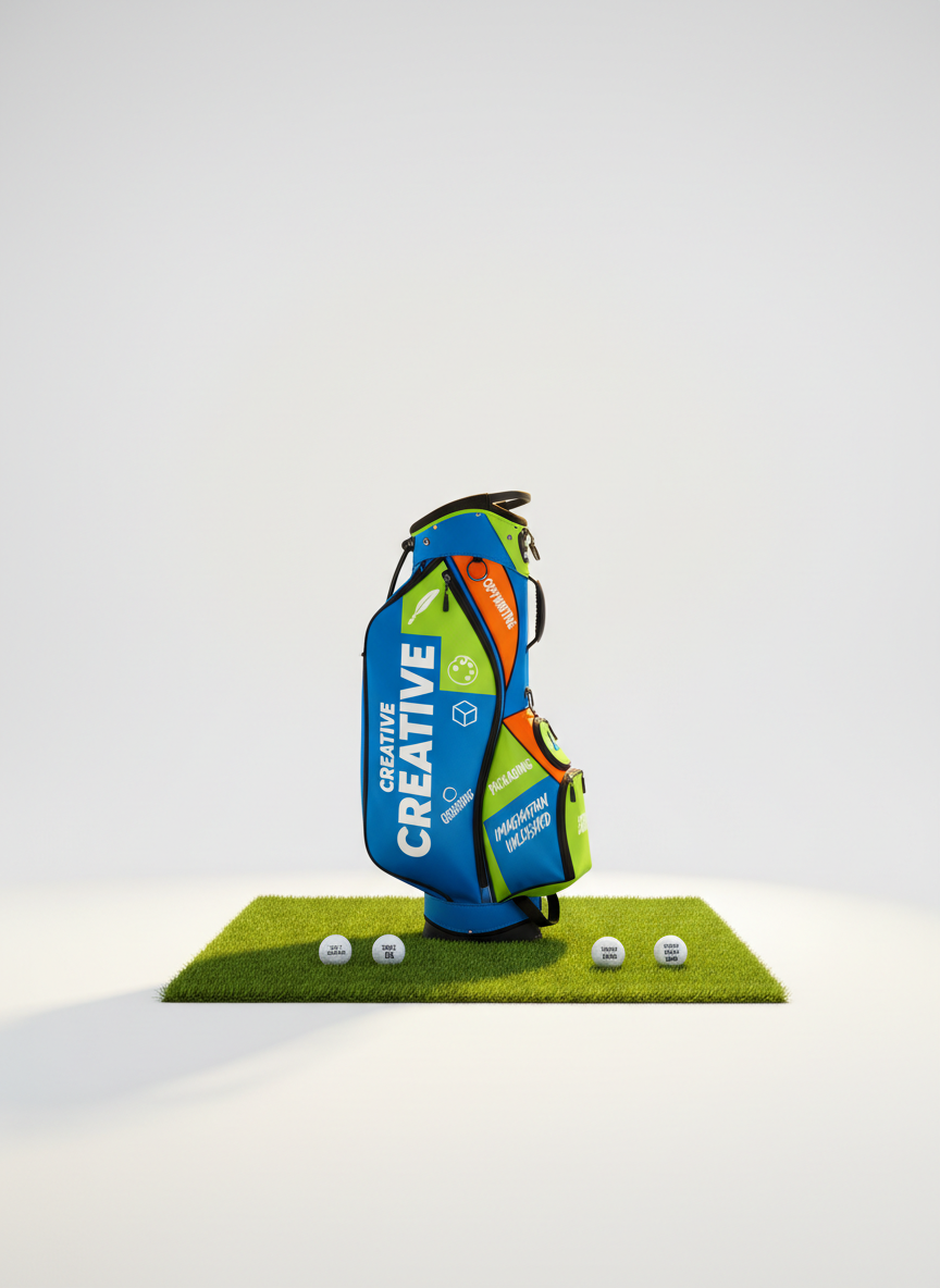 A dramatic hero shot of a single golf bag standing upright on a small, perfectly manicured square of artificial green turf placed in the center of a seamless white studio background. The bag features bold, custom graphics that resemble a contemporary brand campaign: large typography, vibrant color blocking, and subtle iconography for copywriting, graphic design, and packaging. Around the base, a few golf balls are printed with tiny, legible slogans in clean fonts. A focused spotlight from above and slightly behind the bag creates a soft rim light, emphasizing edges and casting a crisp, oval shadow forward. Photographic realism with a low-angle perspective, centered composition, and slightly shallow depth of field, producing a bold and energetic atmosphere that fuses sports, branding, and playful creativity into one striking visual.