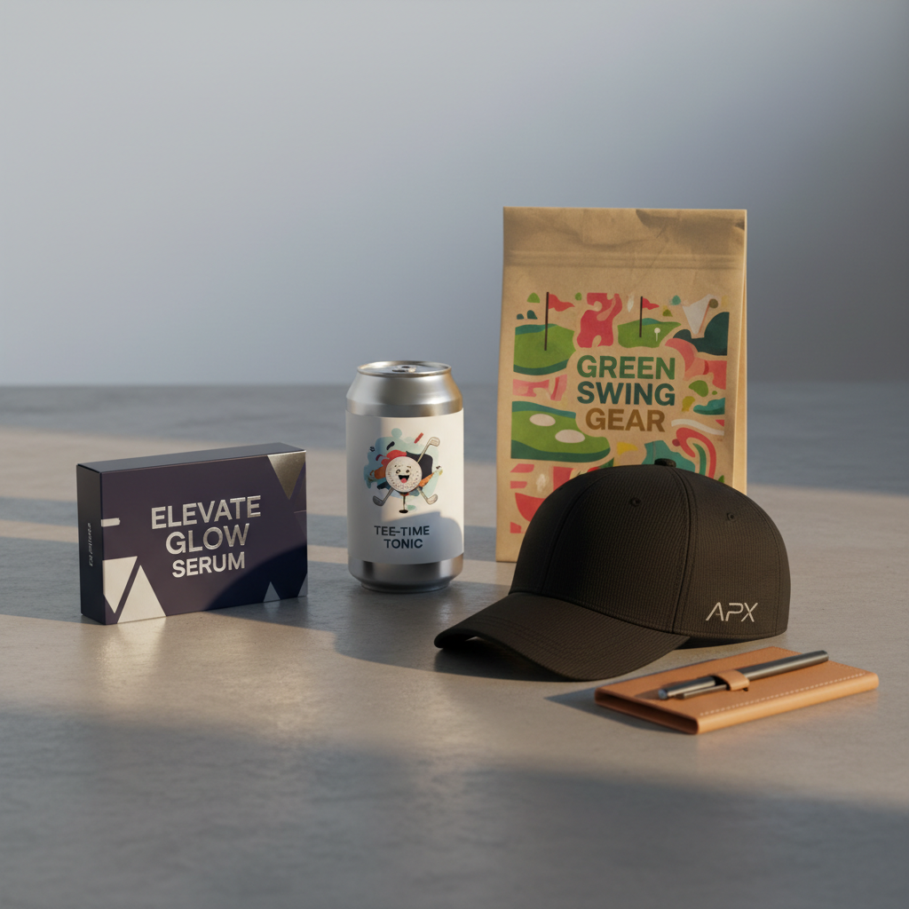 A close-up scene of three meticulously designed product packages arranged on a clean, matte concrete surface: one sleek cosmetic box with bold typography, one minimalist cylindrical can with a clever, playful label, and one eco-friendly kraft paper bag featuring vibrant vector illustrations. Next to them lies a folded, fashion-forward golf cap and a slim leather scorecard holder, their textures richly detailed. Warm studio lighting from the right adds depth, casting defined but soft-edged shadows and subtle reflections on metallic foils. The background falls slightly out of focus with a gradient from light gray to charcoal, creating a refined photographic realism. Framed using the rule of thirds at a slightly elevated angle, the mood is confident, innovative, and stylish, showcasing how cross-disciplinary talent seamlessly connects branding, packaging, golf culture, and modern fashion.