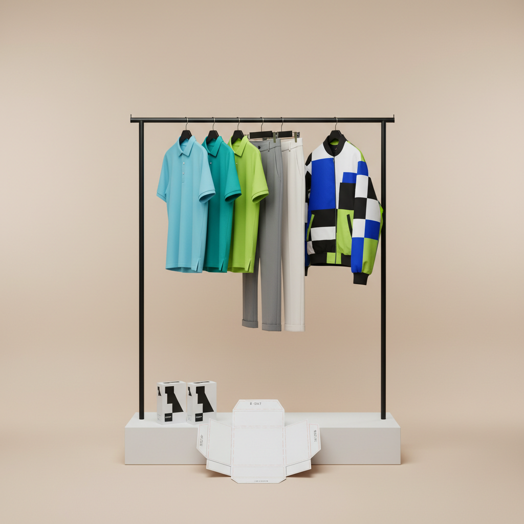 A stylish clothing rack made of matte black metal is positioned against a smooth, light beige wall, holding a small but curated selection of coordinated outfits: performance golf polos in fresh greens and blues, tailored trousers in neutral tones, and a statement patterned jacket with graphic shapes reminiscent of poster design. At the base of the rack, a minimal white pedestal displays a set of mock product boxes and a flat, unfolded packaging dieline with clearly printed guidelines. Diffused studio lighting from both sides creates even illumination and very soft shadows, emphasizing colors and textures. Photographic realism, eye-level composition with strong horizontal lines, and a spacious, uncluttered background. The mood is modern, confident, and playful, visually linking fashion styling and packaging aesthetics as part of an integrated cross-domain talent offering.