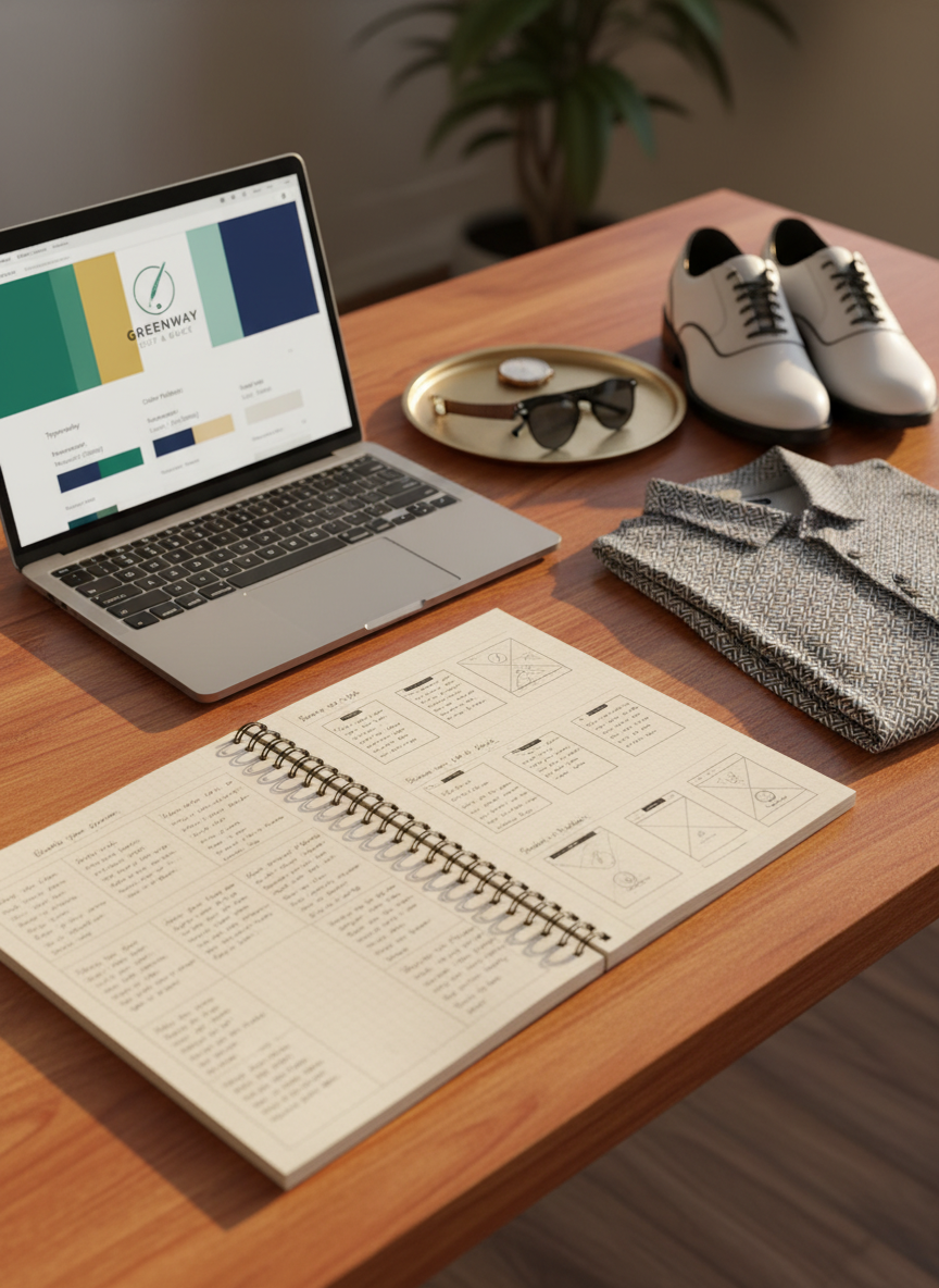 A polished wooden desk holds an open sketchbook filled with neatly handwritten copy lines and thumbnail layout sketches, beside a laptop displaying a colorful brand style guide with logo, fonts, and palette. Nearby, a pair of glossy golf shoes with contrast stitching sits next to a folded, monochrome patterned shirt, hinting at thoughtful outfit planning. An elegant watch and minimalist sunglasses rest on a tray, tying in the styling theme. Soft golden hour light pours in from an unseen window, washing the scene in a warm glow and casting elongated, gentle shadows. Photographic realism with a slightly elevated three-quarter angle, shallow depth of field blurring the distant desk edge. The mood is aspirational and playful-professional, suggesting a one-stop service where strategic writing, visual identity, and curated golf wardrobe planning come together effortlessly.