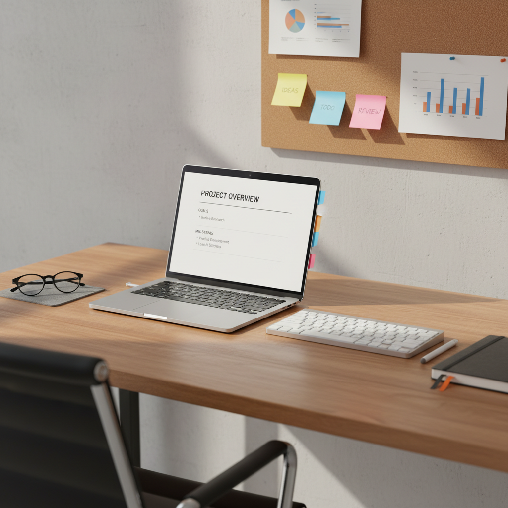 A sleek, uncluttered wooden desk in a modern studio office, featuring an open laptop displaying a clean document with structured headlines and bullet points, alongside a slim mechanical keyboard and a dark gray notebook with neatly tabbed sections. A pair of minimalist black-framed glasses rests beside a pen-shaped digital stylus. The desk stands against a light concrete wall with a single cork board holding a few color-coded sticky notes and printed charts. Soft morning daylight enters from an unseen window to the left, casting gentle, directional shadows and subtle highlights on metal and paper surfaces. Shot at eye level with a shallow depth of field, the composition emphasizes focus and clarity, creating a professional, calm, and trustworthy mood in realistic photographic style.