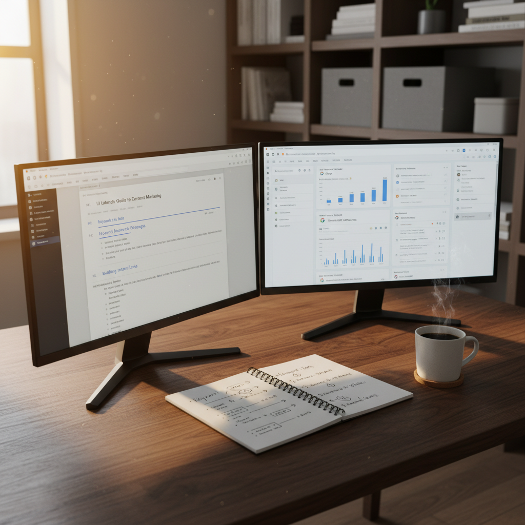 A dual-monitor setup on a dark walnut desk, one screen showing a long-form SEO article in a clean text editor with headings and internal links, the other displaying keyword research tools and search result snippets. Between the monitors sits a small, open notebook with a carefully written outline and arrows connecting topic clusters. Beside it, a steaming cup of black coffee in a matte white ceramic mug rests on a cork coaster. The background reveals shelves with neatly arranged marketing books and neutral-colored storage boxes. Golden hour light streams from a side window, creating warm highlights on the monitor edges and a soft glow on the desk surface, while the screens themselves provide a cool contrast. Shot at a three-quarter angle with moderate depth of field, the mood is focused, strategic, and quietly intense in realistic photographic style.