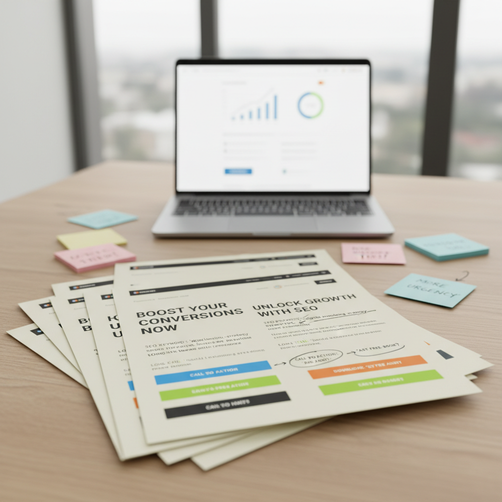 A close-up of a stack of printed marketing mockups on a light oak table, each page showing wireframes of landing pages, bold headlines, SEO keyword annotations, and highlighted call-to-action buttons in vibrant accent colors. A slim silver laptop sits half open in the background, its screen blurred but visibly showing an analytics dashboard with rising line graphs. Sticky notes with handwritten arrows and circled phrases are scattered neatly around the pages. Soft overcast daylight from a large window creates even, diffused lighting with minimal harsh shadows, enhancing the crispness of paper textures and ink details. Captured from a slightly elevated angle, with the main stack in sharp focus and the background gradually fading into bokeh, the mood is analytical yet creative, conveying strategic copywriting work in clean, modern photographic realism.