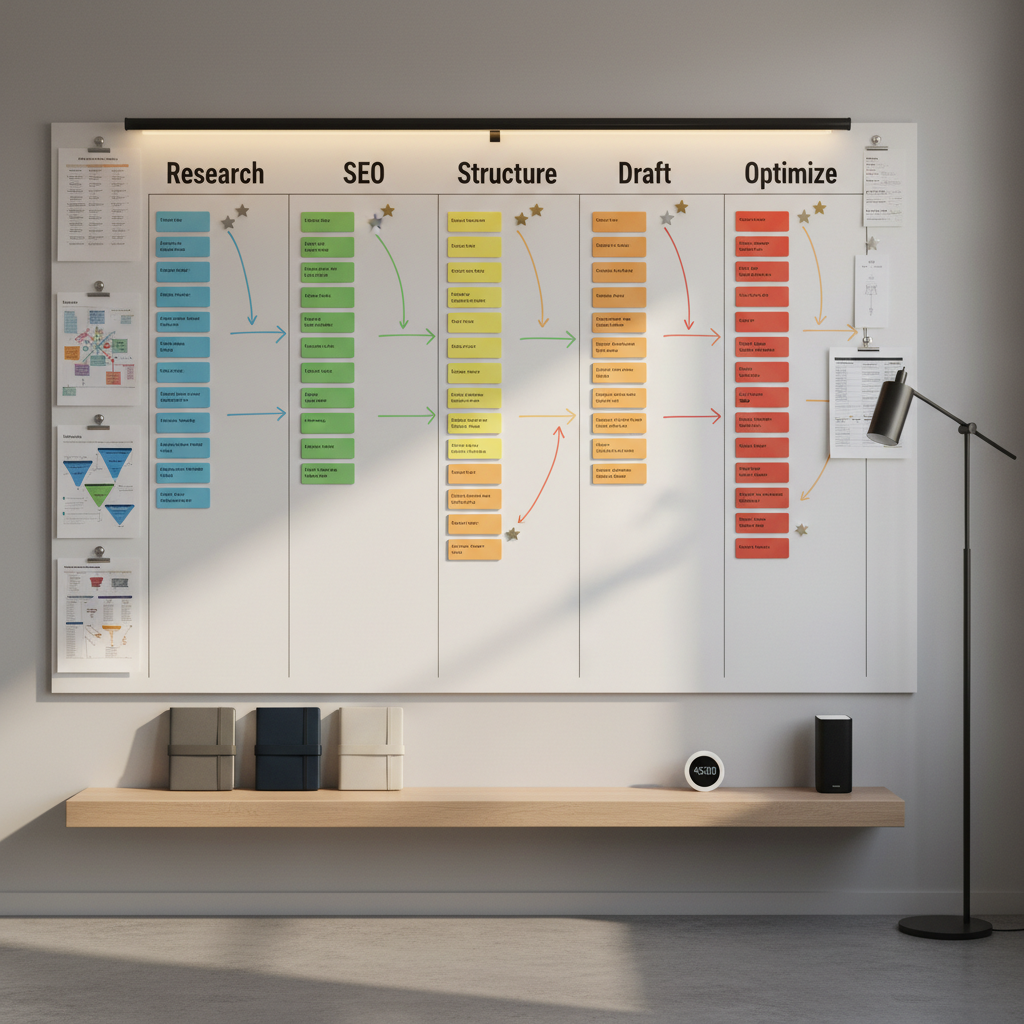 A large whiteboard in a contemporary workspace, filled with a meticulously organized copywriting workflow: columns labeled “Research,” “SEO,” “Structure,” “Draft,” and “Optimize,” with magnetic cards and color-coded markers indicating tasks and priorities. Printed sheets with sample headlines, keyword clusters, and funnel diagrams are clipped along the edges. Below, a floating shelf holds neatly aligned notebooks, a digital timer, and a slim black speaker. Neutral gray walls and a matte black floor lamp frame the scene. Gentle afternoon light filters from the right, complemented by soft warm LED illumination from above, creating balanced, shadow-soft light. Photographed straight on with sharp focus across the board, the composition feels structured, methodical, and professional, emphasizing process-driven, conversion-focused copywriting in realistic, clean photographic style.